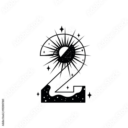 Vector illustration of a decorative number two '2'. Ornate celestial style digit with a sunburst, stars, and a crescent moon base for a magical design. Isolated object on white background.