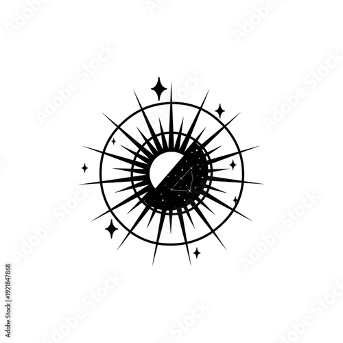 Vector illustration of a decorative uppercase letter 'O'. Mystical boho style alphabet character stylized as a sun with an all-seeing eye, rays, and stars. Isolated object on white background.