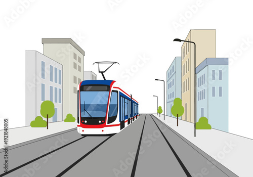 Modern Tram on City Street with Buildings and Trees