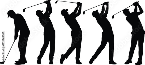 Golf player silhouettes set, swinging action poses black and white sport vector illustration collection