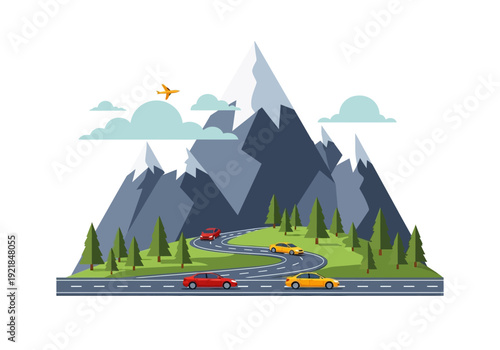 Mountain Road Trip: Cars on a Winding Road with Mountains, Trees, and Airplane