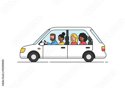Cartoon Car with Diverse Passengers and Driver on White Background