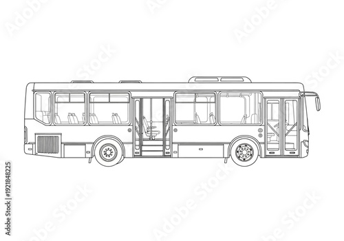Detailed Line Art Illustration of a City Bus with Visible Interior Seating