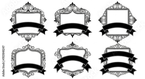 Collection of six ornate vintage frames with banners.