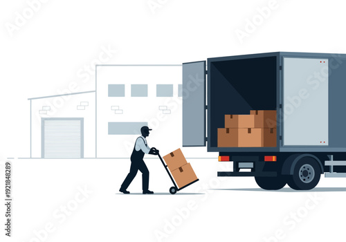 Delivery Worker Unloading Boxes from Truck with Hand Truck