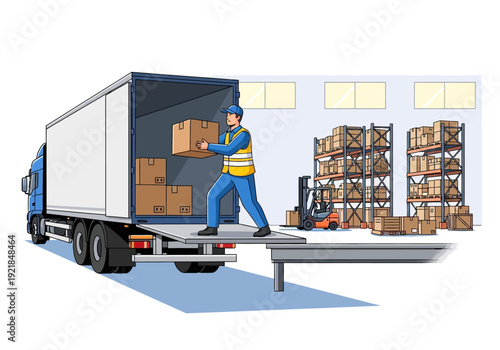 Warehouse Worker Unloading Boxes from a Truck in a Distribution Center