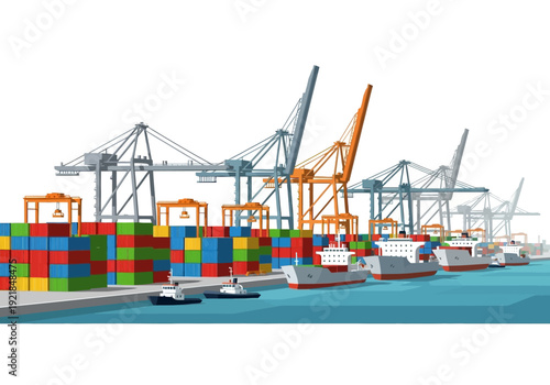 Busy Port Scene with Cargo Ships, Cranes, and Colorful Containers