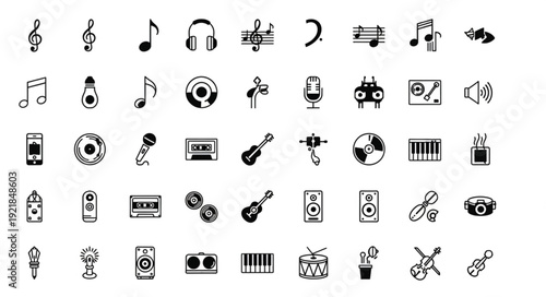 Collection of Music Icons and Symbols on White Background.