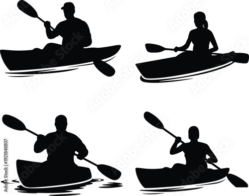 Kayaking silhouettes set, paddling athletes on water black and white sport vector illustration collection