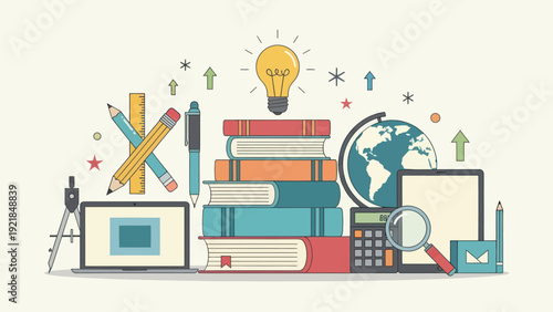 Education and learning concept with books, light bulb, globe, and stationery.