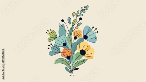 A simple floral illustration with colorful flowers and leaves.