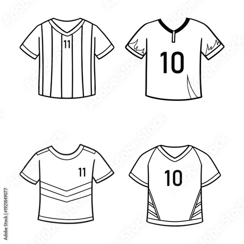 Doodle cartoon of soccer jersey in black and white vector isolated collection. Cartoon of sport shirt for coloring page, children, book, asset, design