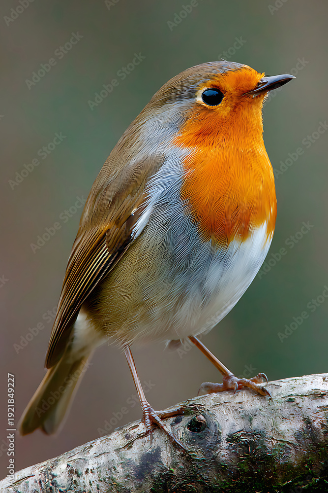 Fototapeta premium Detailed close-up of a European Robin with a vibrant orange breast perched on a tree branch.