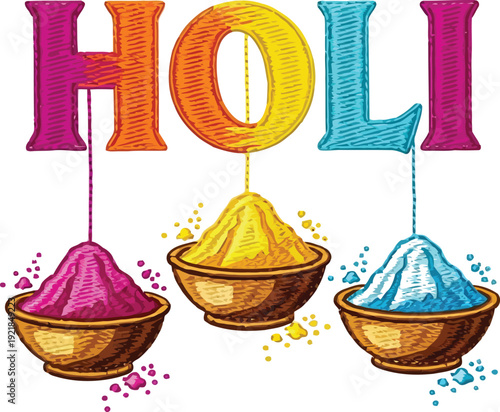 Celebrating Holi festival with colorful powders in bowls, a vibrant cultural scene