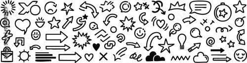 Assortment of black hand drawn doodle featuring arrows hearts stars lightbulbs and smiley faces