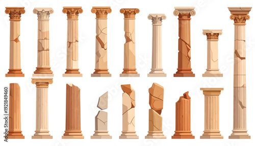 Assorted vintage-style architectural columns and decorative elements in earthy tones isolated on transparent background
