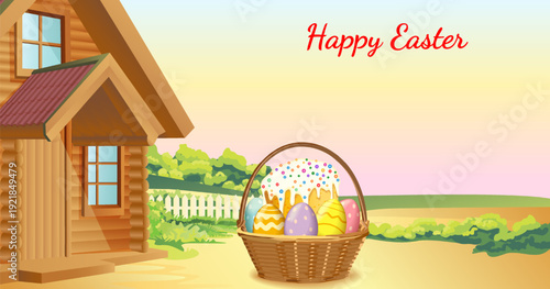 Easter horizontal vector illustration with Easter cake with colorful eggs in a basket and a wooden house in a spring garden and copy space for text.