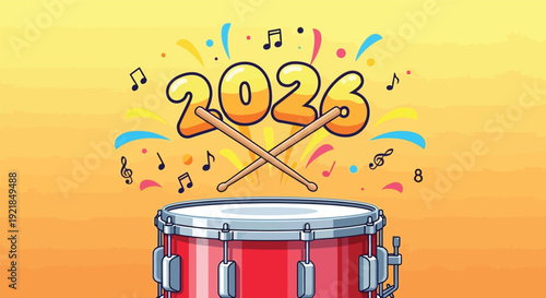 Vibrant red drum set against an orange gradient background with 2026 confetti and music notes celebrating New Year