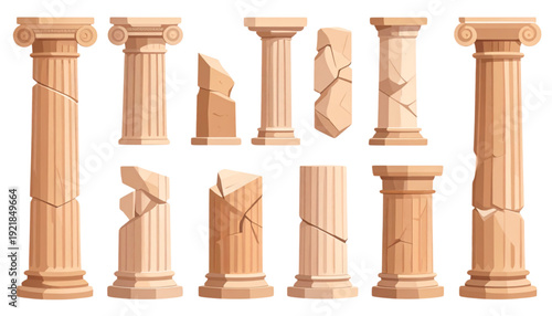 Elegant classical columns arranged in a symmetrical pattern against a light background isolated on transparent background