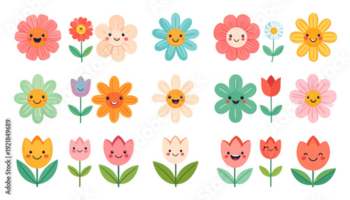 Vibrant collection of colorful floral illustrations arranged in a decorative pattern isolated on transparent background