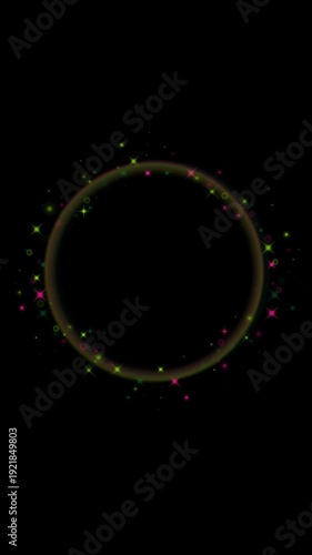 Vertical animated neon glowing circle frame with colorful sparkle lights on dark background abstract festive border design