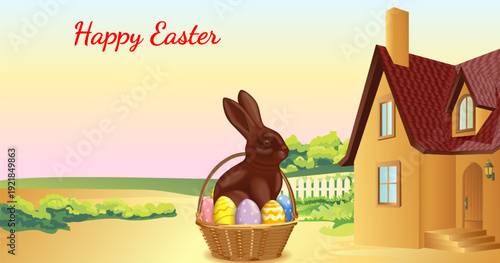 Easter horizontal vector illustration with chocolate bunny with colorful eggs in basket and country house in spring garden and copy space for text.