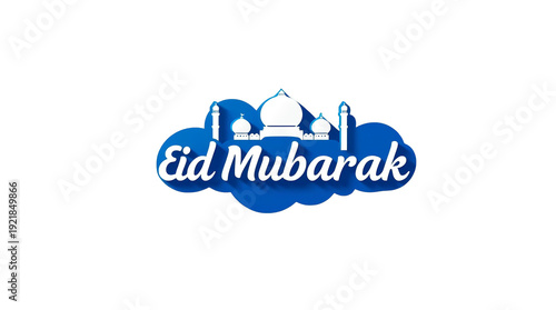 Eid Mubarak Blue Cloud Logo with Mosque Silhouette Islamic Vector Design