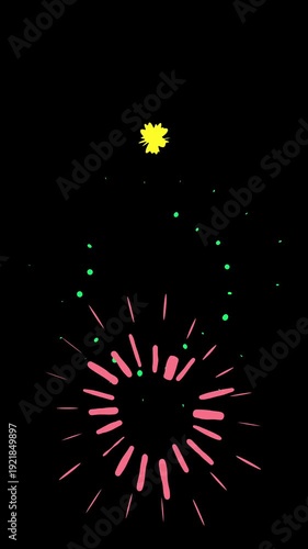 Animated colorful fireworks burst in green yellow and pink on dark background vertical festive sparkle light design