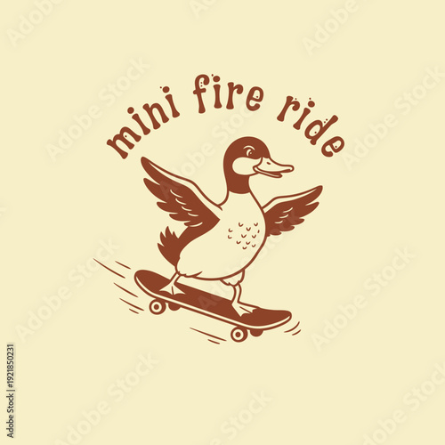 A cartoon duck with wings spread wide is riding a skateboard with the words mini fire ride above it.