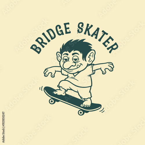 Bridge Skater Troll Cartoon Character on Skateboard.