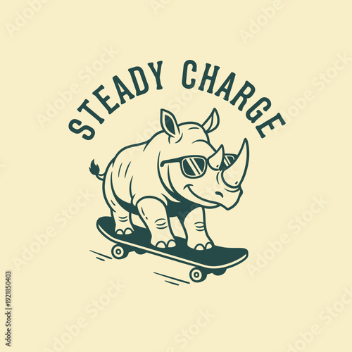 Cool Rhino Riding a Skateboard with Sunglasses and Text.