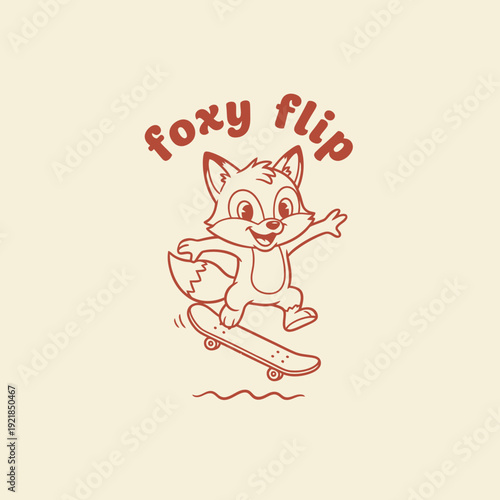 Cute cartoon fox doing a skateboard trick with foxy flip text.
