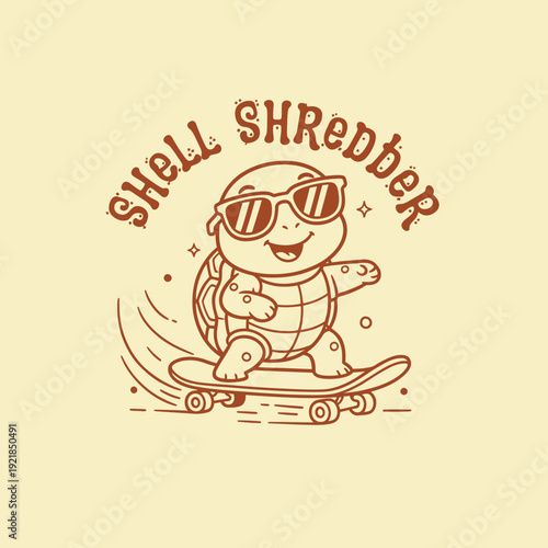 Cute cartoon turtle wearing sunglasses riding a skateboard with text Shell Shredder.