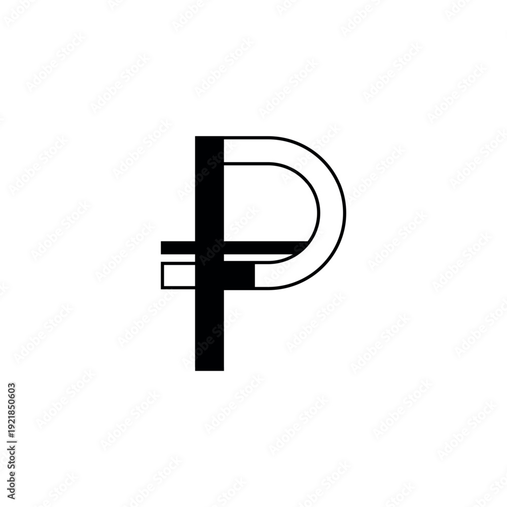 Obraz premium Vector illustration of a geometric linear lowercase letter p. The design shows a solid black descender and a circular part with a split black and outline style. Isolated on white background.
