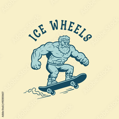 Mascot Character of Ice Wheels Skateboarder with Beard and Muscular Body.