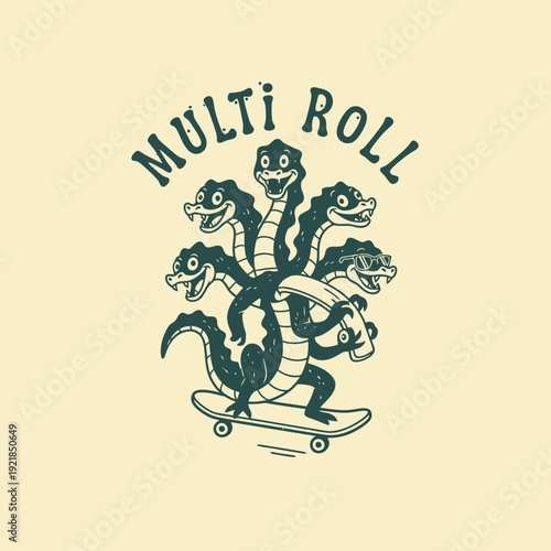 Multi Headed Dragon Riding a Skateboard.