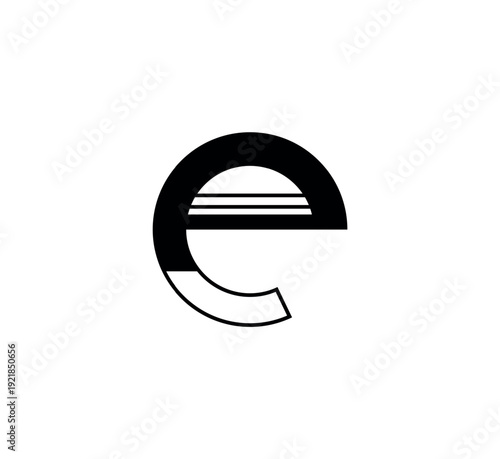 Vector illustration of a geometric linear lowercase letter e. The character has a distinctive split black and outline circular form with a central horizontal bar. Isolated on white background.