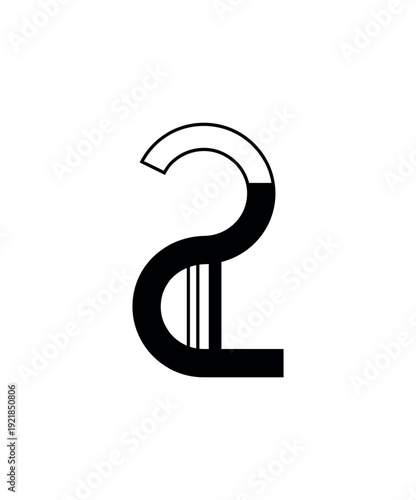 Vector illustration of the number two (2) in an artistic linear style. This digit is rendered with a unique split black and outline design, suitable for modern visuals. Isolated on white background.