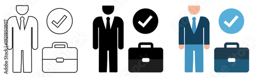 Professional business man icon set with briefcase and check mark