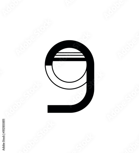 Vector illustration of the number nine (9) in a linear style. This digit features a creative split black and outline design, suitable for modern typographic applications. Isolated on white background.