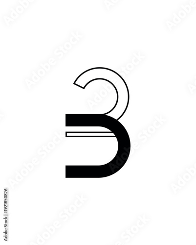Vector illustration of the number three (3) in a linear split style. This digit features two curves, one solid black and the other an outline, for a modern look. Isolated on white background.
