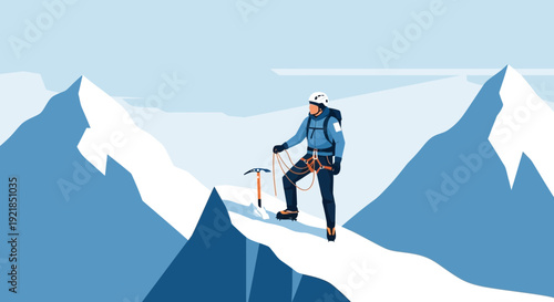 Extreme Mountaineer Summiting Snowy Peaks With Ice Axe And Rope