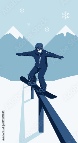 Extreme Winter Snowboarding Thrill Ride On Rail With Mountain Backdrop
