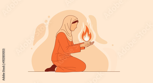 Faithful Woman Holding A Sacred Flame in Prayerful Pose