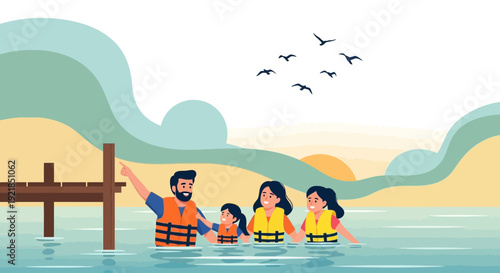 Family Adventures In Water Wearing Life Jackets By The Dock