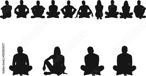 Silhouettes of diverse people sitting cross-legged on the floor, meditating or relaxing in a peaceful and comfortable posture.