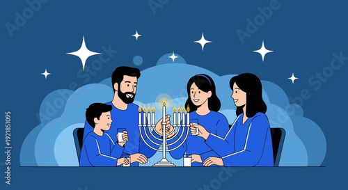 Family Celebrates Hanukkah Lighting Menorah And Stars Shine Brightly