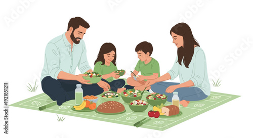 Family Enjoying Healthy Food Together While Sitting On A Picnic Blanket