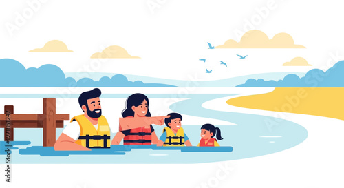 Family Enjoying Summer Activities And Swimming By The Lake With Safety Vests