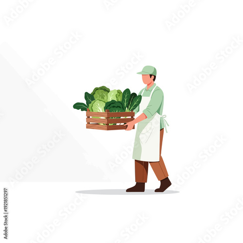 Farmer Carrying Freshly Harvested Organic Vegetables In A Wooden Crate